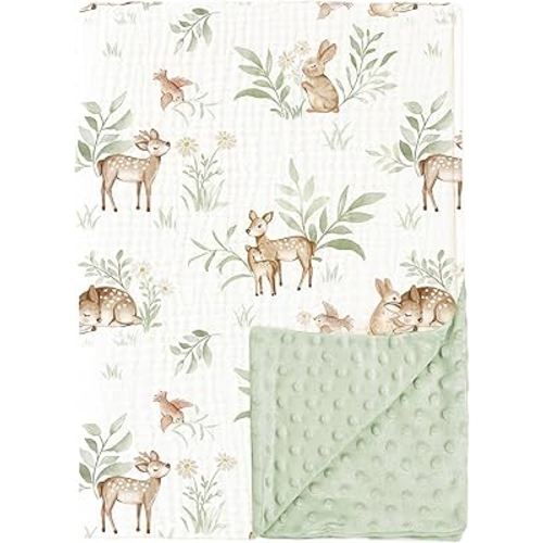 Konssy Baby Blankets for Unisex Boys Girls, Super Soft Nursery Minky Blankets with Muslin Cotton Front and Dotted Fleece Backing, Printed Bed Throws Newborn