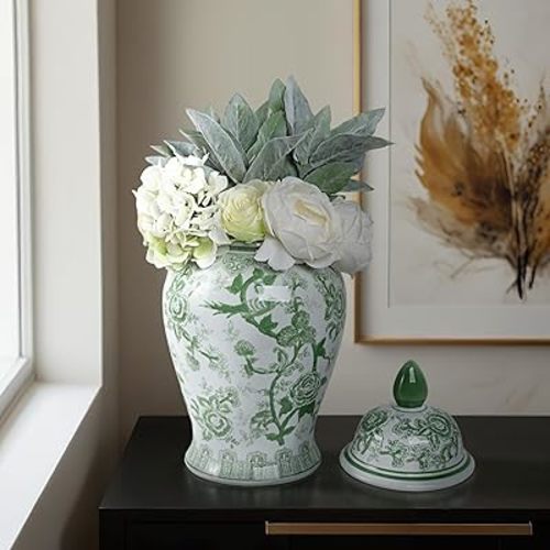 Contemporary Ceramic Vase for Living Room and Home Decor for House - Bird and Flower Temple Jar for House Accent or Table Decor - Flower Vase for Room, Bedroom, or Office - 19", Green & White
