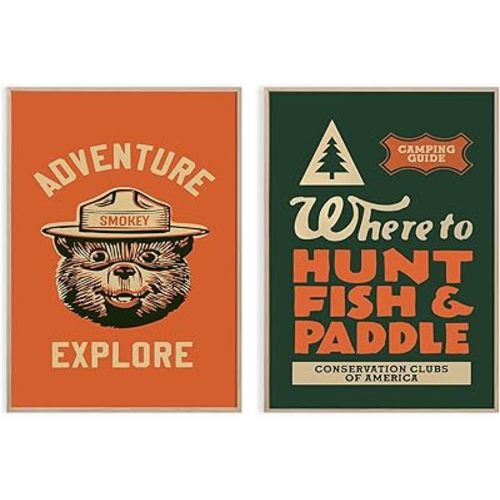 Outdoors Art Poster Nursery Wall Art Vintage Animal Wall Art Decor Retro Camping Prints Set of 2 Unframed 16x24 Inch for Rustic Wall Decor for Cabin Garage or Hunting Lodge Kids Room Office Cave Decor