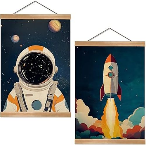 Astronauts and Rockets Poster Wall Art set of 2, Universe Wall Decor Wood Hanger, Spaceship Classroom Decor, Outer Space Planets Poster for Boys and Girls Nursery, Bedroom, Playroom, Toddler Room Decoration (Space travel-02)