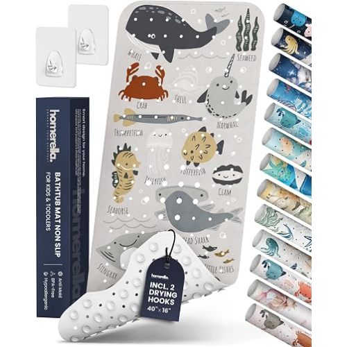 Bath Tub Mat Non Slip Anti Mold for Kids BPA Free INCL Hooks - homerella® Ocean Sea Animals 40x16, Baby Bath Mat Non Slip 200 Suction Cups, Non Toxic Machine Washable Toddler Bath Mat, EU Certified