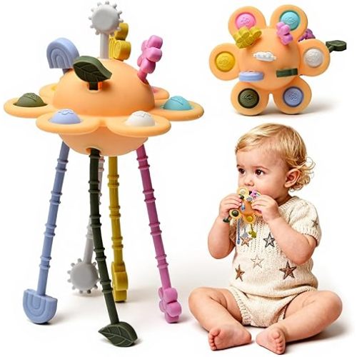 Silicone Baby Sensory Montessori Toys & Pull String Teething Toys for 6-12-18 Months, Toddler Birthday Gift Car Seat Airplane Travel Toy for 1 2 Year Old Boy Girl Infant 8 9 10 Months Old (Orange)