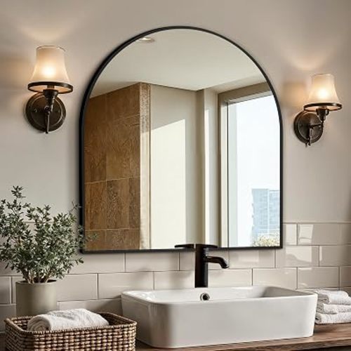 Arched Bathroom Vanity Mirror for Over Sink, 32”x30”, Black