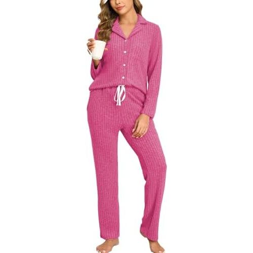 Veseacky Women Ribbed Knit Pajamas Set Lounge Set 2-Piece Warm Sleepwear Nightwear Soft Fleece Pjs Set S-XXL