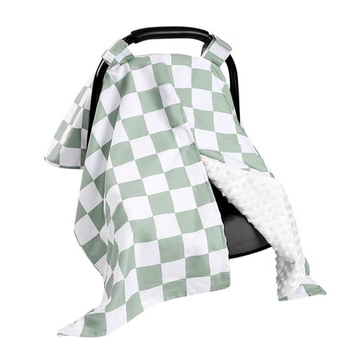 DILIMI Baby Car Seat Cover, Minky Warm Winter Car Seat Covers for Babies, Peekaboo Opening Infant Car Seat Cover, Nursing Cover Carseat Canopy, Green Checkered