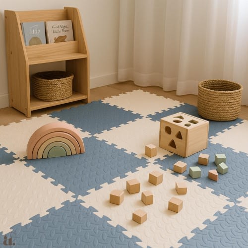 Boho Play Mat for Babies | Soft EVA Foam Floor Tiles | Non Toxic Interlocking Mat for Nursery, Playroom, Tummy Time | Blue & Cream Baby Mat