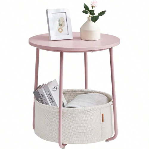 Small Round Side End Table - Modern Nightstand with Fabric Storage Basket for Bedroom Living Room
