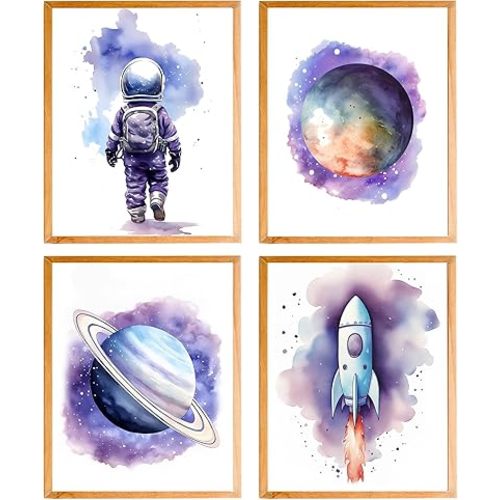 HUACANVASART Watercolor Outer Space Wall Art Prints,Astronaut Art Prints,Solar System Spaceman Outer Space Posters for Nursery Decor Boy Bedroom Kids Playroom Decor,Set of 4(8"X10"Inch,No Frame).
