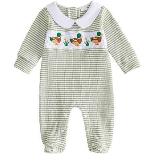 Bagilaanoe Newborn Baby Boy Footie Romper Waffle Knit Outfit Fall Jumpsuit | Duck/Football Embroidery, Collared, Long Sleeve Jumpsuit Baby Boy Footed One Piece Clothes