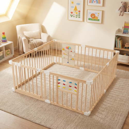Costway Wooden Baby Playpen, Adjustable Multi-Shape Large Play Yard for Infants Toddlers