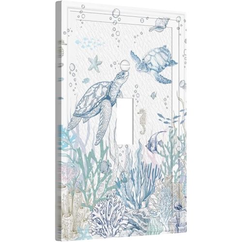 Ocean Sea Turtle Light Switch Cover 1 Gang Single Toggle Sea Grass Fish Coral Wall Plate Decorative Electrical Faceplate for Bathroom Bedroom Home 5" x 3"