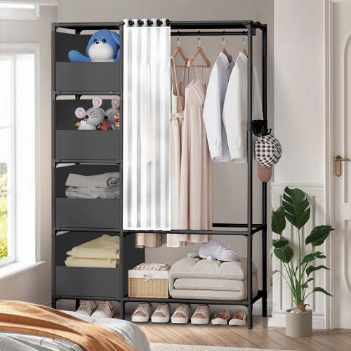 BRC Portable Wardrobe Closet with 4 Storage Spaces, Clothes Cabinet with Curtain for Living Room, Bedroom, Black
