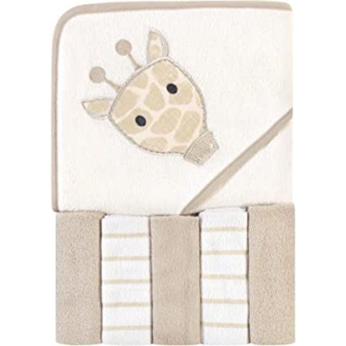 Hudson Baby Unisex Baby Hooded Towel and Five Washcloths, Modern Giraffe, One Size