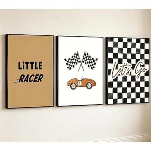 DULASI Set of 3 Vintage Race Car Wall Art Prints, Little Racer & Let's Go Checkered Flag Posters, Retro Nursery Decor for Boys Room, Kids Bedroom Playroom Wall Decor 12x16in Unframed