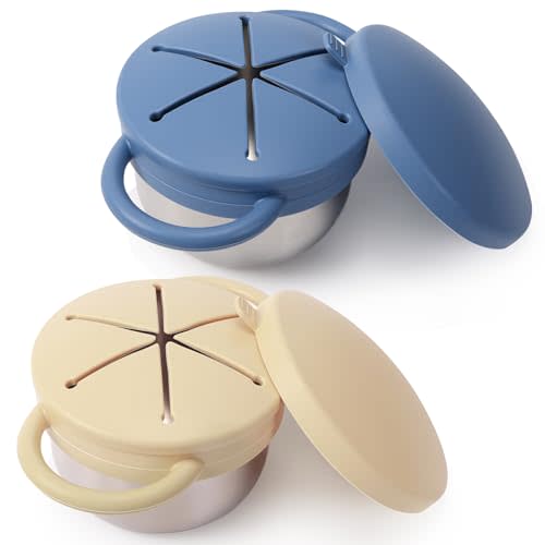 2 Pack Stainless Steel Spill Proof Snack Cup for Baby Toddlers Kids, with Silicone Food Catcher, Travel Lid, Spill-Proof Bowl Containers, Non Toxic BPA Free (Morandi Blue and Off-white)