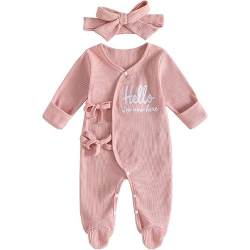 Newborn Outfit Baby Girl Clothes Waffle Tie Up Romper Footie Headband