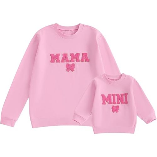 Karwuiio Mommy and Me Fall Outfits Mama and Mini Sweatshirts Family Matching Outfits Letter Print Pullover Sweatshirt Tops