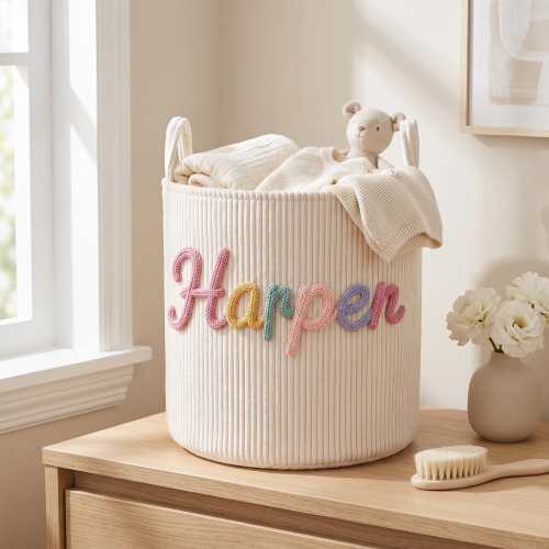 Personalized Ribbed Fabric Storage Basket, Custom Name Toy Bin, Nursery Organizer