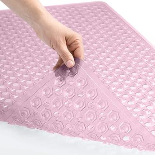 GORILLA GRIP Patented Bath Tub Shower Mat, Machine Washable Bathtub Floor Liner Mats, Suction Cups and Drain Holes to Keep Tubs Clean, Soft on Feet, Bathroom Essentials, 35x16 Inch, Clear Light Pink