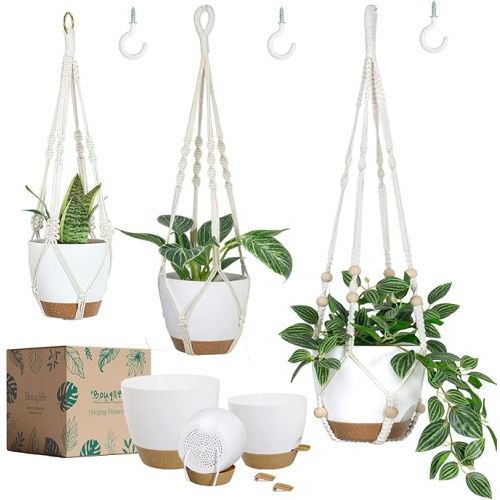 Bouqlife 3 Sets Hanging Planters for Indoor Plants with Self-Watering Hanging Pots and Macrame Plant Hangers, Outdoor Hanging Flower Pots with Drainage 3 Different Size for Home Patio Boho Decor