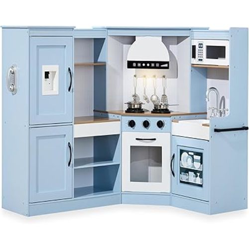 Best Choice Products Pretend Play Corner Kitchen, Ultimate Interactive Wooden Kids Playset w/Lights & Sounds, Ice Maker, Hood - Coastal Blue