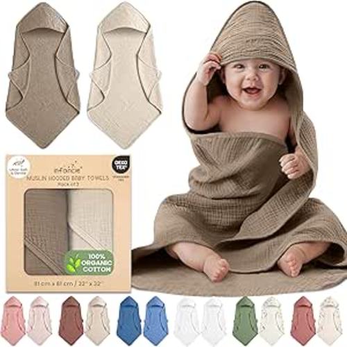 100% Organic Cotton Muslin Baby Hooded Towels 32x32 Inch – 2 Pack Soft & Absorbent Hooded Baby Towels For Boys & Girls, Premium Hooded Towels, Ultra-Gentle Baby Essentials in Deep Olive/Ivory