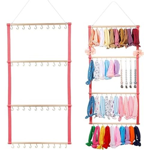 Baby Headband Organizer - Bow Holder & Clip Storage for Girls' Hair Bows - Wall Hanging Decor (Pink)