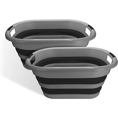 BROOKSTONE Collapsible Laundry Basket Set, Modern Medium Collapsible Basket Set, Comfort Non-Slip Grip Handles, Minimalist Space Saving Design, Portable Pop-Up Hamper, BPA FREE, Dark Grey, 2 PACK