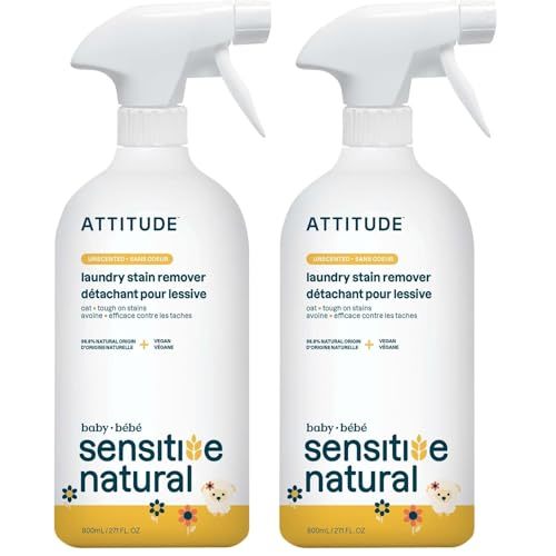 ATTITUDE Fabric Stain Remover for Baby Clothes, Plant- and Mineral-Based Ingredients, Vegan and Cruelty-free Laundry Products for Sensitive Skin, Unscented, 27 Fl Oz (Pack of 2)