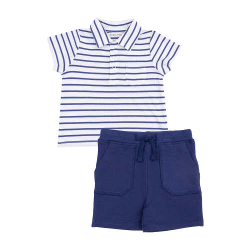 Rib Polo Shirt & Short Set, Stripe Vintage Navy