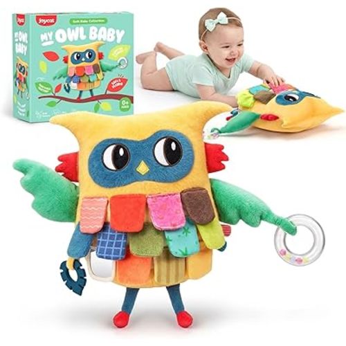 JoyCat Sensory Owl Baby Toy for 0-12 Months, 12''Soft Tummy Time Infant Toy with Multi-Textured Crinkle Feathers, Baby Mirror, Stuffed Animal Plush Montessori Gifts for Newborn Boys and Girls
