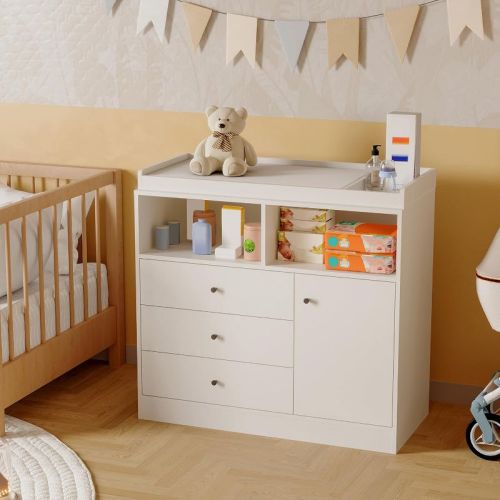 Baby Dresser with Changing Table Top, Wooden Diaper Changing Station with 3 Drawers, Cabinet & 2 Open Compartments for Nursery, Bedroom