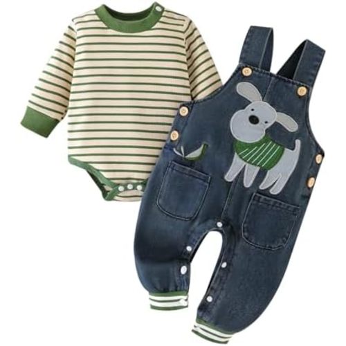 Baby Boy Clothes Fall Winter Outfits Long Sleeve Striped Romper Cute Cartoon Jeans Overalls Pants Set 0-18 Months
