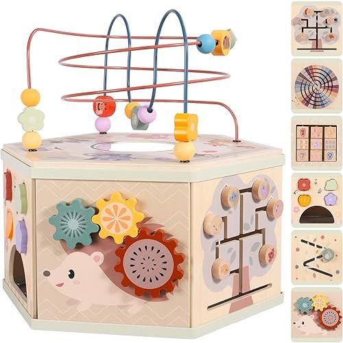 Large Wooden Activity Cube for Toddlers, 9 in 1 Educational Baby Activity Cube, Montessori Toys for 1+ Year Old Boys & Girls, Cute Zoo Theme Baby Cube Toy Sorting & Stacking Game, 1st Birthday Gift