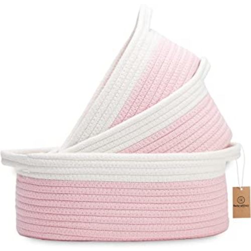 NaturalCozy 3-Piece Oval Storage Basket Set– Soft Natural Rope Woven Baskets for Storage Shelf, Toy, Nursery, Gift, Baby Shower, Pets Cat Dog Bins | Small Basket for Organizing (Off White & Pink)