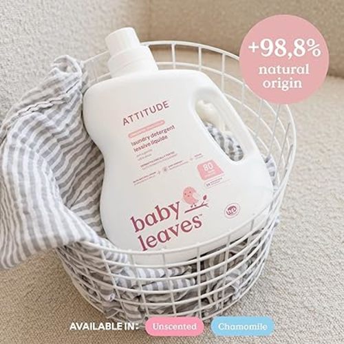 ATTITUDE Baby Laundry Detergent Liquid, Made in Canada, EWG Verified, Safe for Baby Clothes, Infant and Newborn, Naturally Derived, HE Compatible, Soothing Chamomile, 80 Loads, 2 L (AMAZON EXCLUSIVE)
