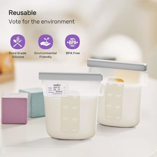 Nuliie 7 Pcs Silicone Breastmilk Storage Bags Reusable, 8oz/240ml Double Leak-Proof Breastmilk Freezer Bags, BPA Free Self-Standing Milk Bags for Breastfeeding, Baby Food Pouches - Grey - 7 Count