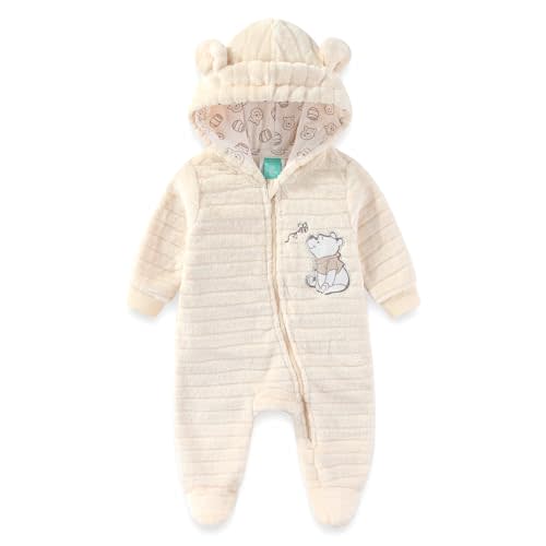 Disney Winnie the Pooh Mickey Mouse Baby Boys Hooded Embossed Faux Fur Pram Coverall Footies with Ears for Newborn and Infant