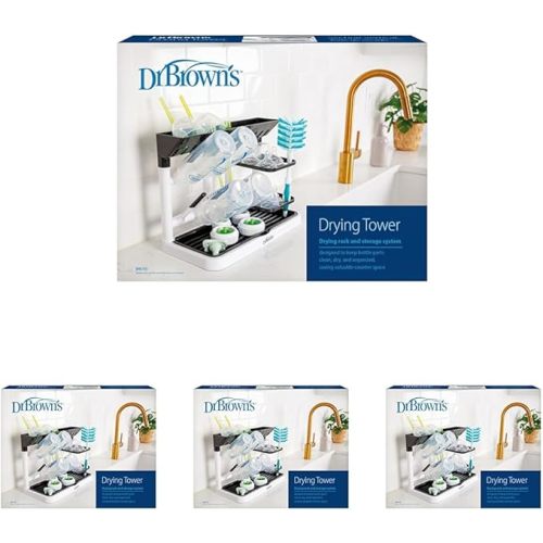Dr. Brown's Baby Bottle Drying Tower, Stand-Up Countertop Drying Rack with Organized Storage for Baby Essentials, Space Saving Vertical Rack, Black/White