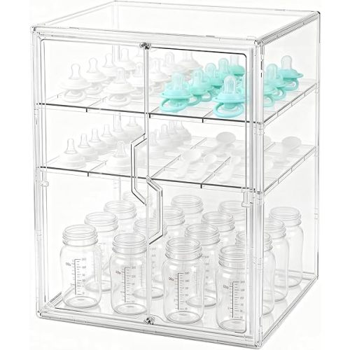 Baby Bottle Organizer, 3-Tier Bottle Storage for Countertop with Double Magnetic Doors, Clear Plastic Bottle Station Organizer with 2 Adjustable Dividers for Kitchen, Bathroom, Cabinet, Vanity