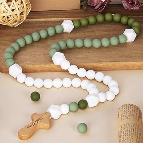 Silicone Baby Rosary with Cross, Baptism Gift Baby Rosary Teether for Boy Girl Kids, My First Rosary Catholic Religious Gifts Christian First Holy Communion Party Decorations, Green