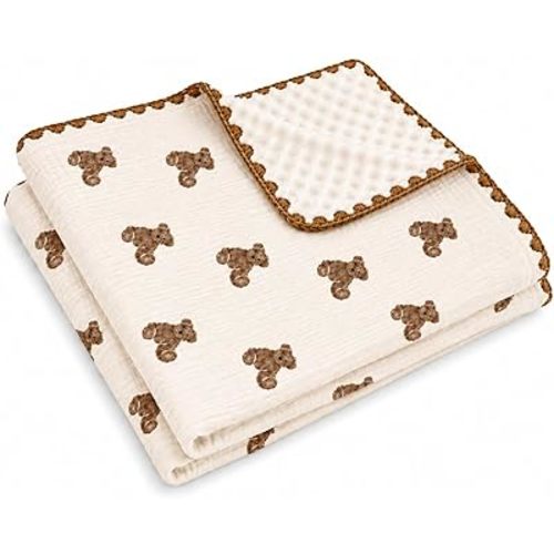 Muslin Swaddle Blankets for Newborns, Baby Fleece Blanket, 40 x 40 Inches, Soft Breathable Baby Blanket (Bears)