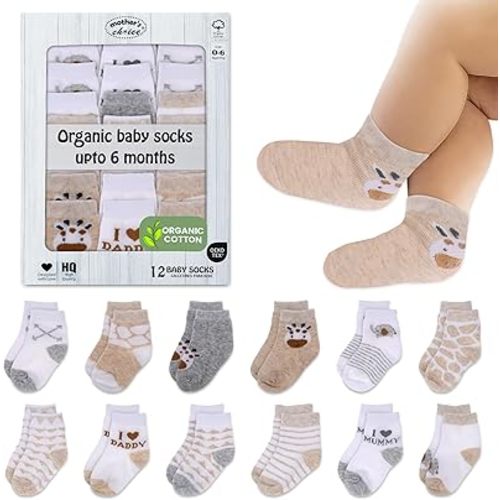 Organic Cotton Baby Socks, 12 Pairs, Unisex 0-6 Months - Soft, Hypoallergenic Newborn & Infant Socks - Baby Girl & Boy Gifts