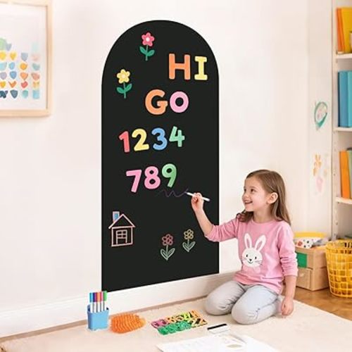 Magnetic Wall Decal for Kids 39.3x17.5 Inches Black Magnetic Wall Decal Arch Chalkboard with Colorful Liquid Chalks Multiple Accessories for Home Playroom and Classroom
