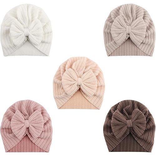 DRESHOW BQUBO 5 Pieces Newborn Baby Turban Hats Bow Baby Infant Beanie Breathable Toddler Cap for Baby Girls
