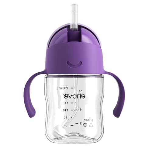 Evorie Tritan Weighted Straw Cup Baby Training Cup, Spill Proof, 7 Oz, 6M+ | BPA & BPS-Free, First learning cup, 360° drinking, Dishwasher safe, Durable Sippy Cup, Ube