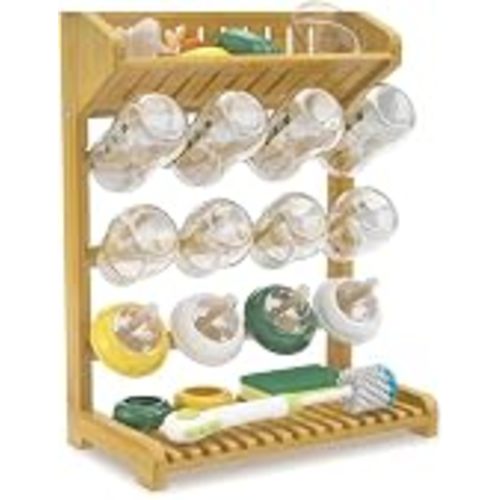 Baby Bottle Drying Rack Bamboo Vertical Dryer Holder | Space Saving for 12 Milk Glass Bottle Countertop, Wooden Drain Stand Shelf for New Parents