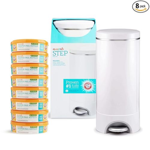 Munchkin® Step™ Diaper Pail Powered by Arm & Hammer, #1 in Odor Control, Award-Winning, Includes 1 Snap, Seal & Toss™ Bag, 8 Refill Rings, 1 Starter Refill Ring, and 1 Puck™ Baking Soda Cartridge