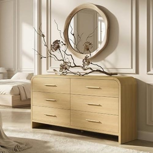 Curved 6-Drawer Dresser for Bedroom, 54" Wide Modern Chest of Drawers, Vanity Desk TV Stand for Living Room, Closet Storage Drawers Organizer Furniture, Nursery, Hallway, Natural Oak
