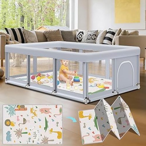 Fshibila 74" ×50" Large Baby Playpen, Baby Playard for Babies and Toddlers, Play Pens for Indoor & Outdoor, Sturdy Safety Play Yard with Soft Breathable Mesh, Anti-Fall, Grey (with MAT)